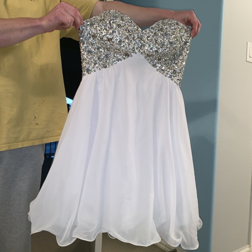 Grace Karin white rhinestone prom dress